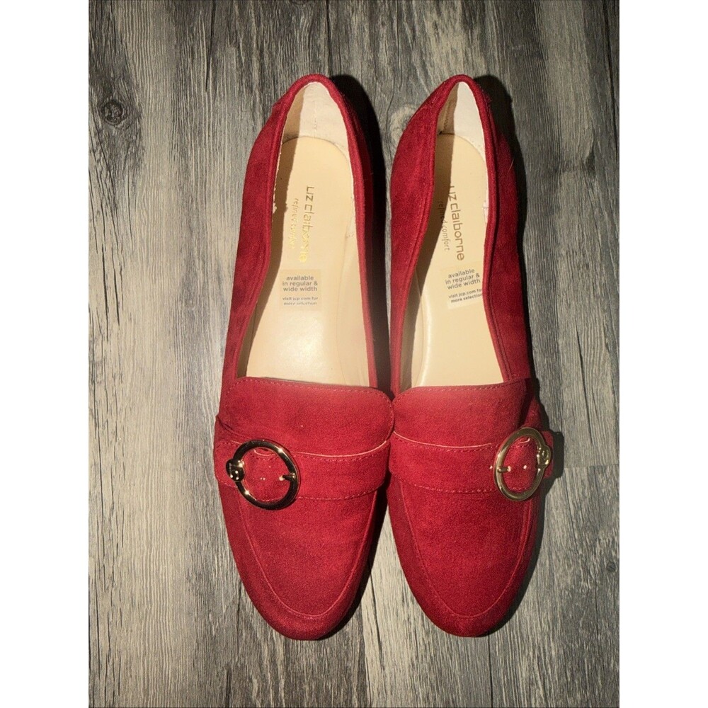 Liz Claiborne Remy Loafers 8W Red Suede Gold Hardware Flat Shoes - Picture 1 of 7